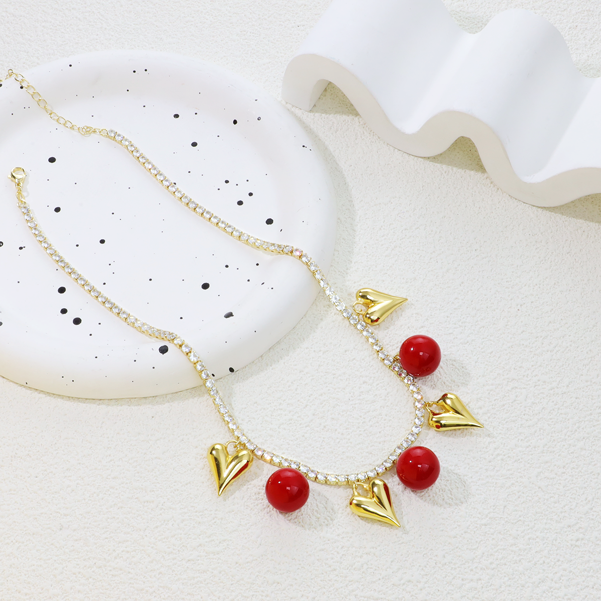Gold Heart Red Bead Zircon Necklace