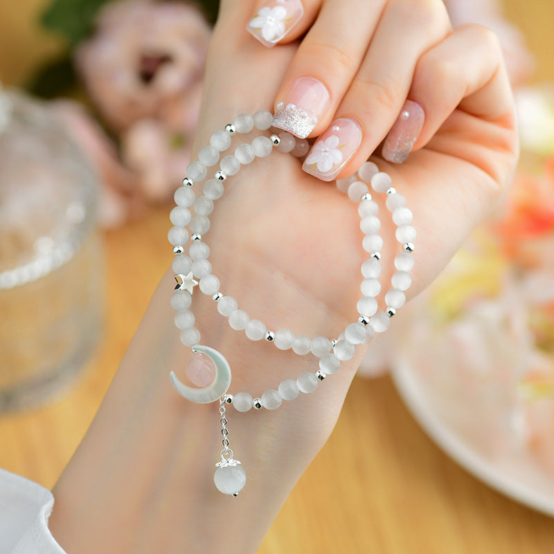 Pulsera de luna de doble vuelta con piedra de ojo de gato natural