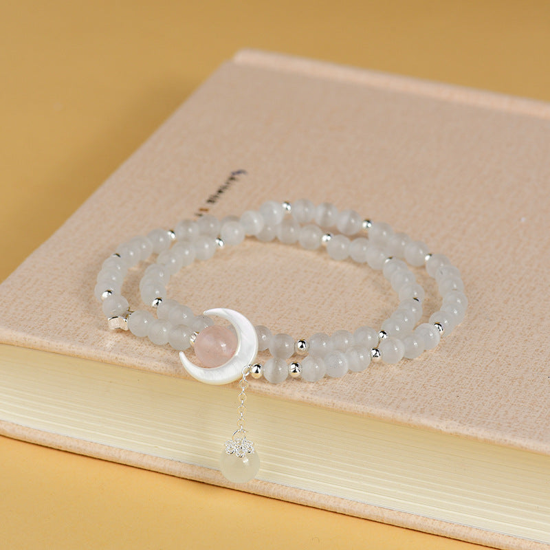Pulsera de luna de doble vuelta con piedra de ojo de gato natural