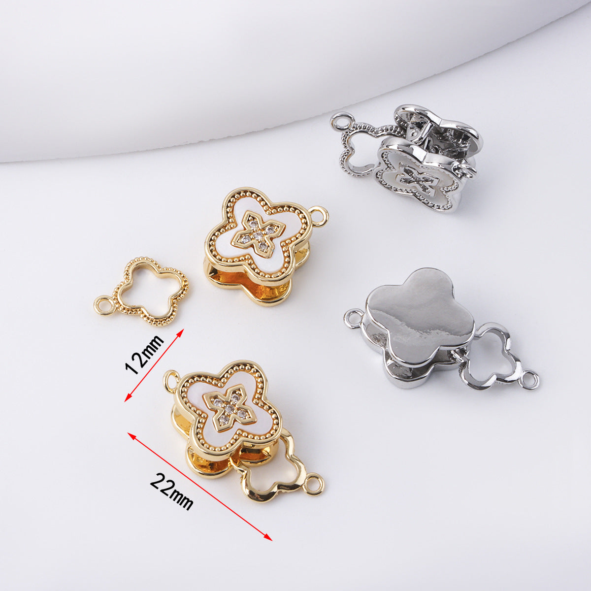 Clover Spring Clasp with White Mother of Pearl – 18K Real Gold Plated for Bracelet/Necklace Making