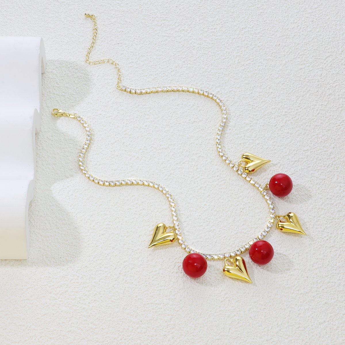 Gold Heart Red Bead Zircon Necklace