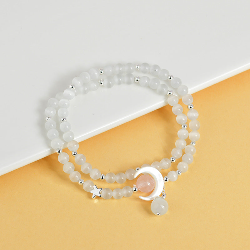 Pulsera de luna de doble vuelta con piedra de ojo de gato natural