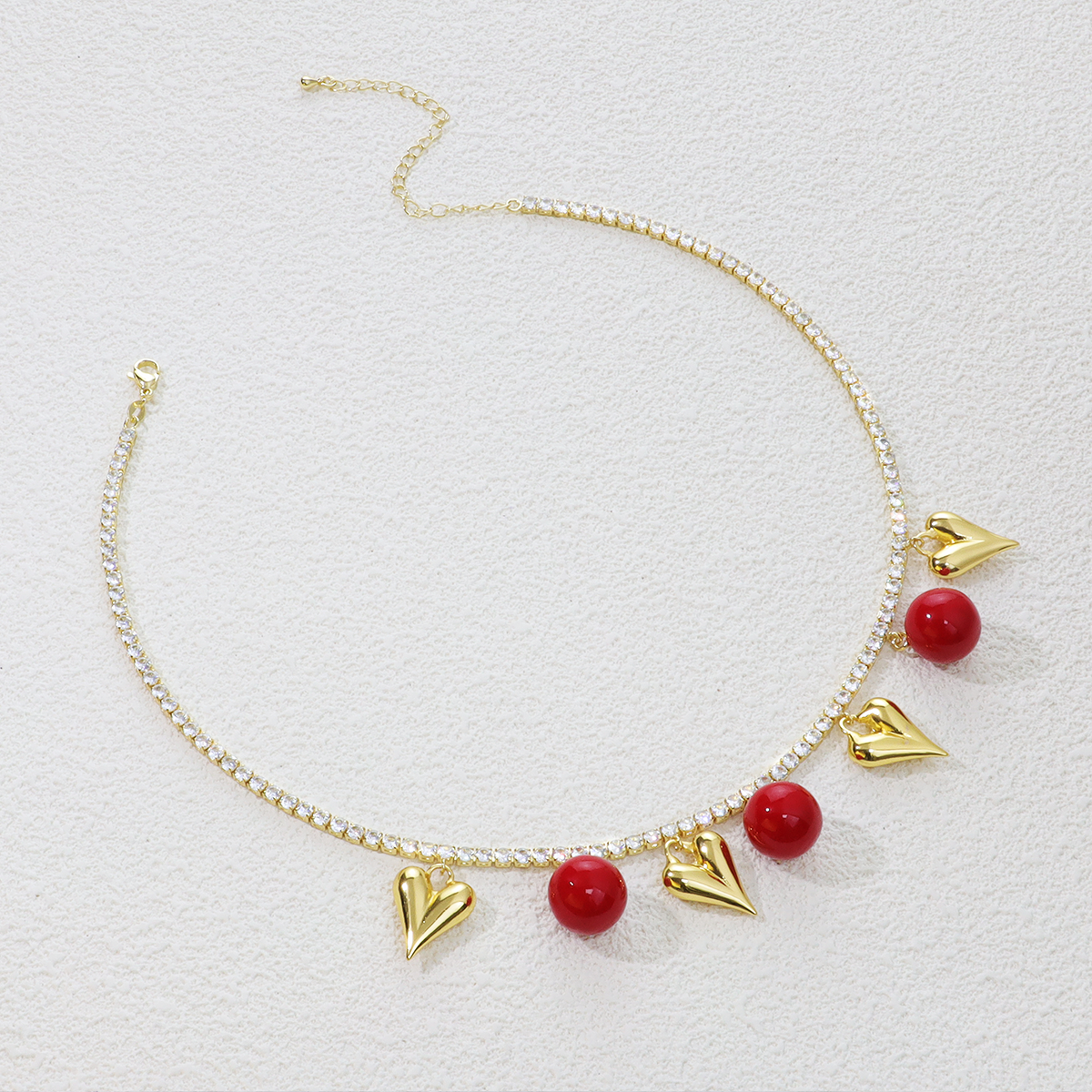 Gold Heart Red Bead Zircon Necklace