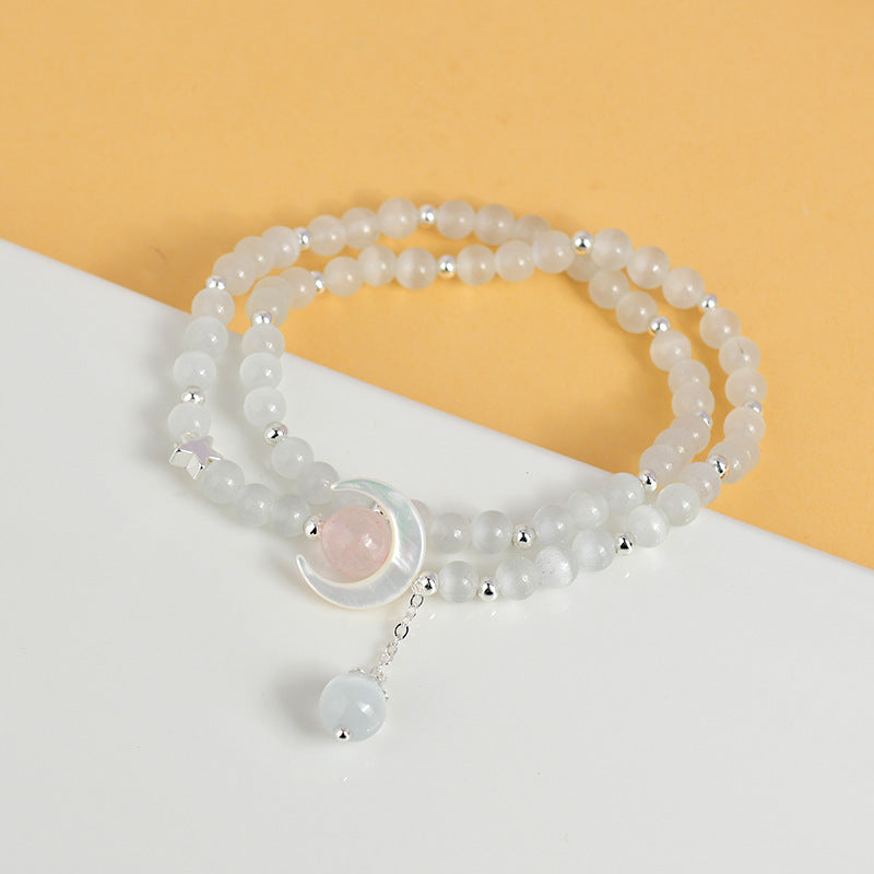 Pulsera de luna de doble vuelta con piedra de ojo de gato natural