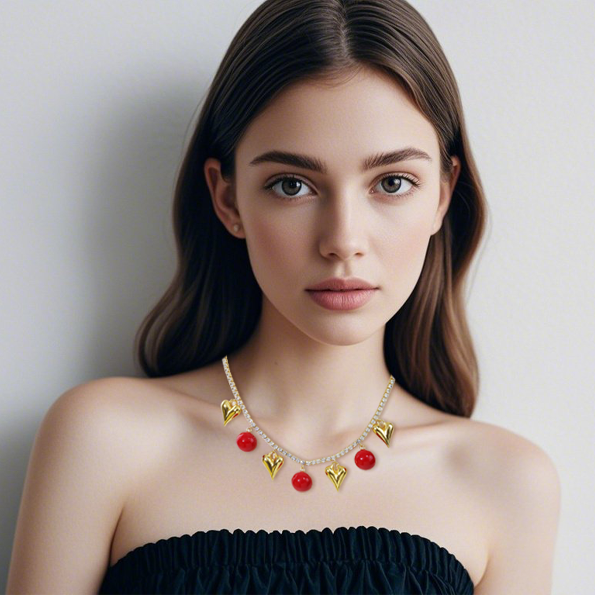 Gold Heart Red Bead Zircon Necklace