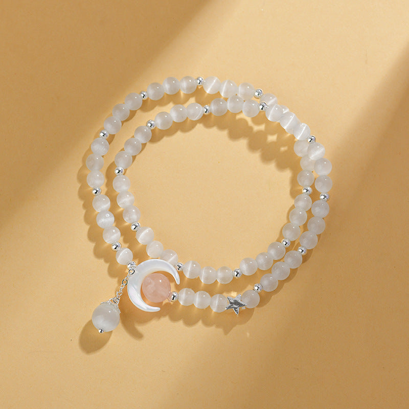 Pulsera de luna de doble vuelta con piedra de ojo de gato natural
