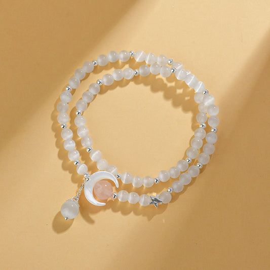 Pulsera de luna de doble vuelta con piedra de ojo de gato natural