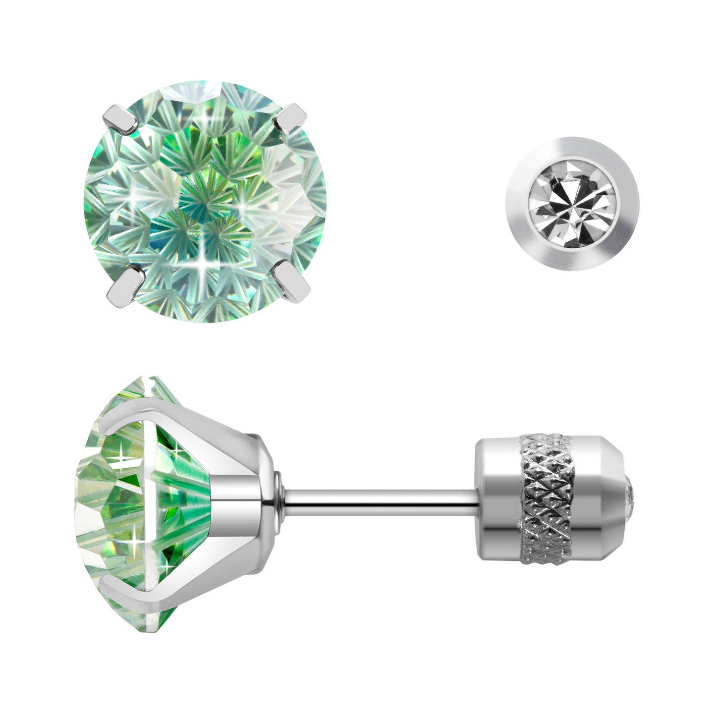 Firework-cut Zirconia Stud Earrings G23 Titanium AAAA + Cubic Zircon Suitable for Sensitive Ears Green