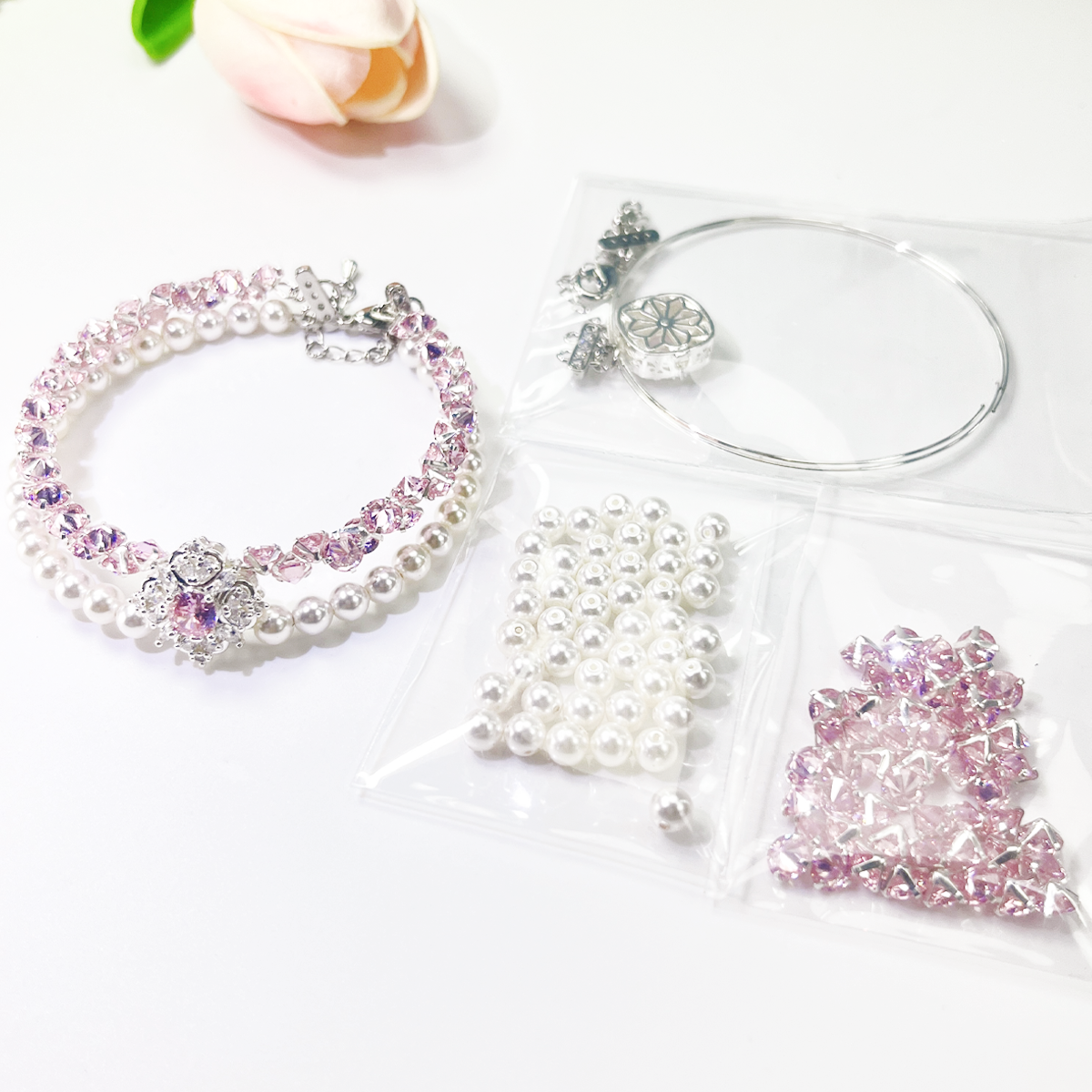 Kit-M26 Pearl and Pink Reverse Zircon Handmade Bracelet DIY Kit