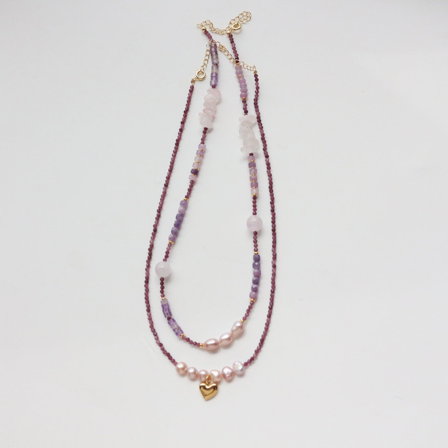Collar de oro de 18 quilates hecho a mano con cuentas de perlas y piedras preciosas de amatista