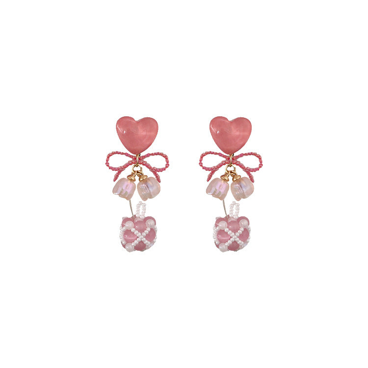 Pink Heart Cat's Eye Pearl Adorable Beaded Earrings Sterling Silver