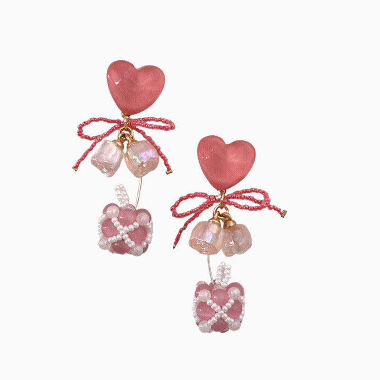 Pink Heart Cat's Eye Pearl Adorable Beaded Earrings Sterling Silver
