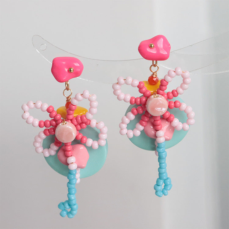 Pendientes de flores con cuentas, pendientes de aguja de plata hechos a mano