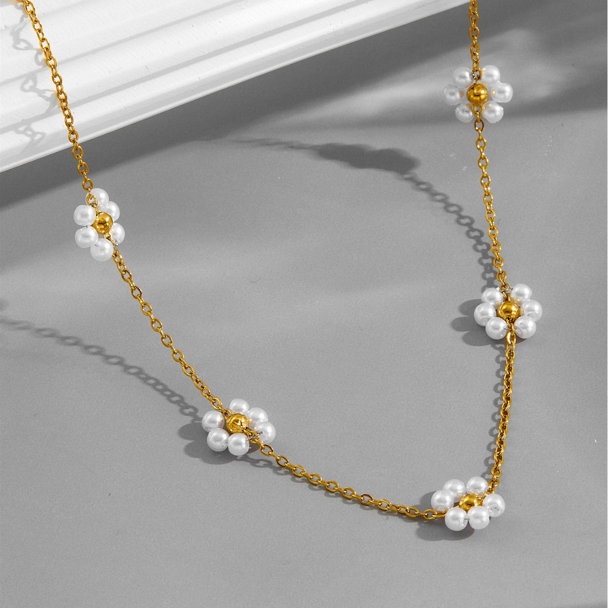Daisy Pearl Choker Necklace bracelet Jewelry Set 14K Gold Plated