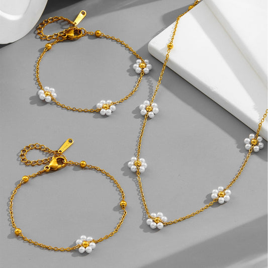Daisy Pearl Choker Necklace bracelet Jewelry Set 14K Gold Plated