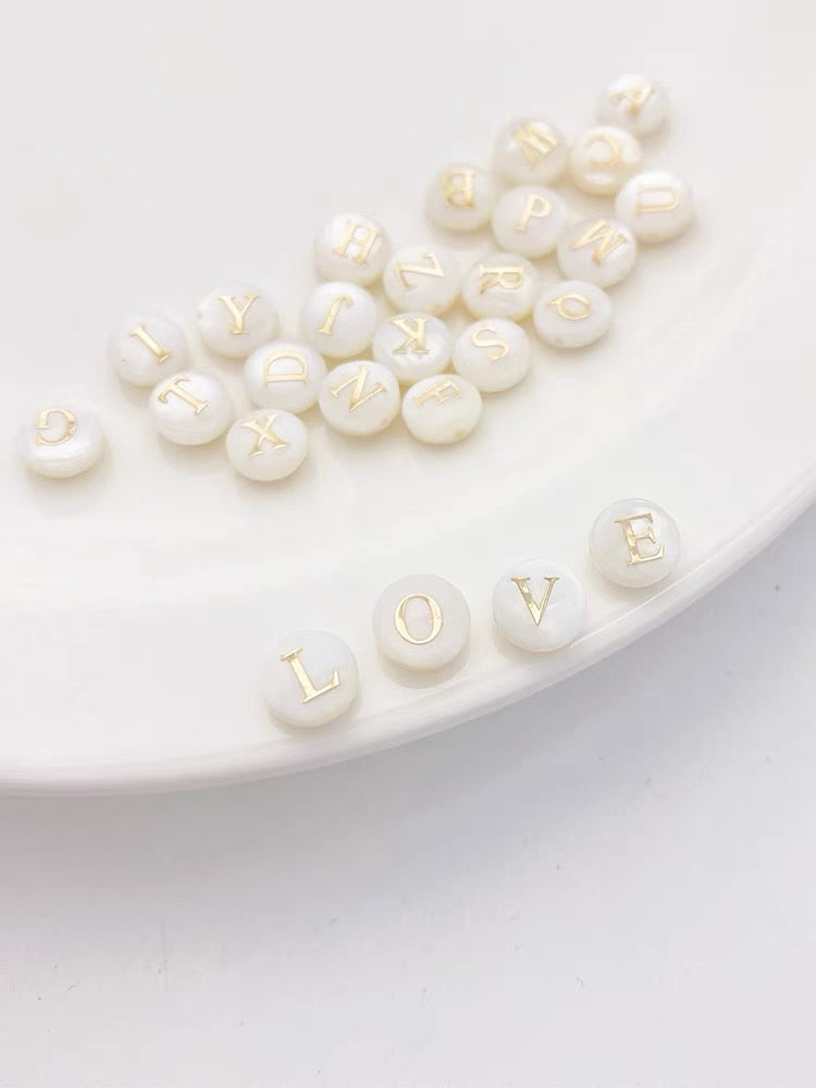 Natural Freshwater Shell Double-Sided Gold Foil Alphabet Letter Beads (24pcs)