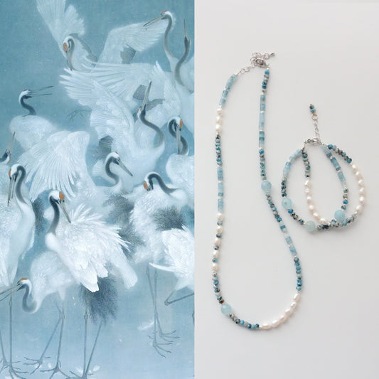 Conjunto de collar y pulsera de oro de 18 quilates con cuentas de piedra natural y perlas hechas a mano en azul