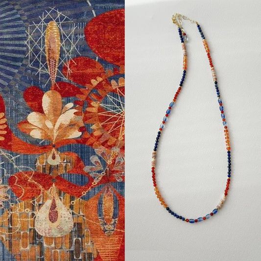 Conjunto de collar de cuentas de piedra natural y perlas hechas a mano en rojo y azul