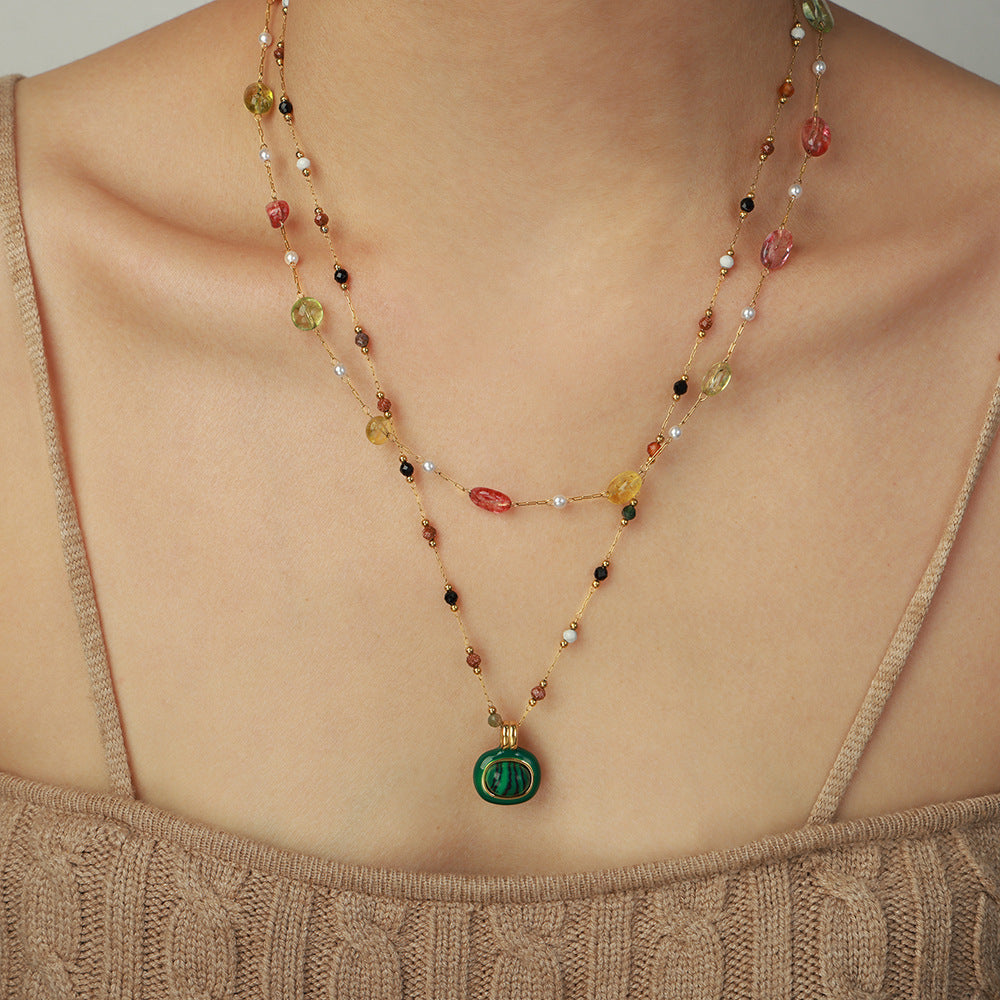 Collar de clavícula de piedra natural para mujer: collar de malaquita esmaltada de acero y titanio bañado en oro de 18 quilates