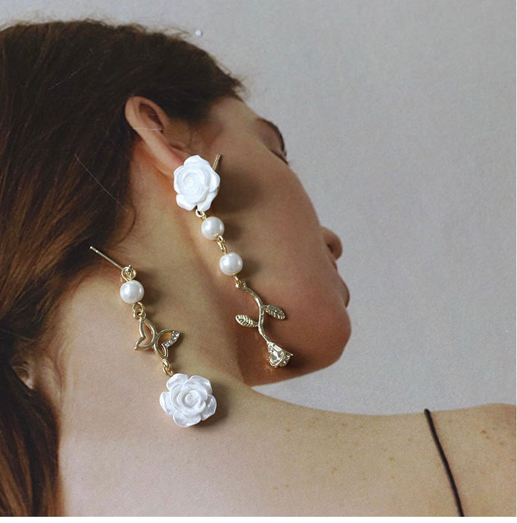 Rose Pearl Earrings Silver Needle Earring Studs