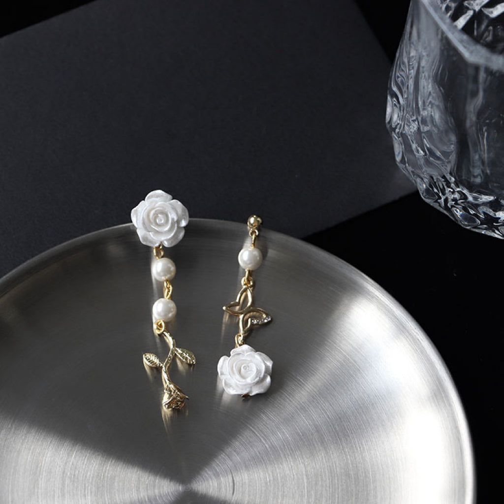 Rose Pearl Earrings Silver Needle Earring Studs