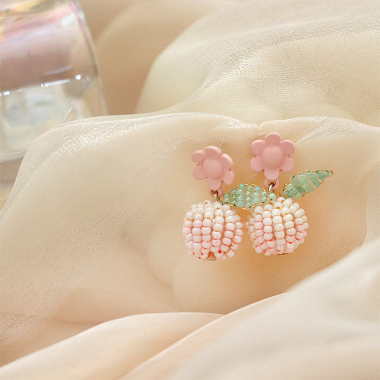 Seed Beads Earrings Handcrafted Pink Flower Silver Needle