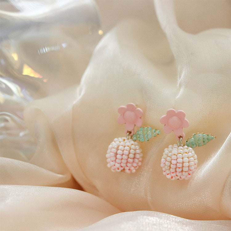 Seed Beads Earrings Handcrafted Pink Flower Silver Needle