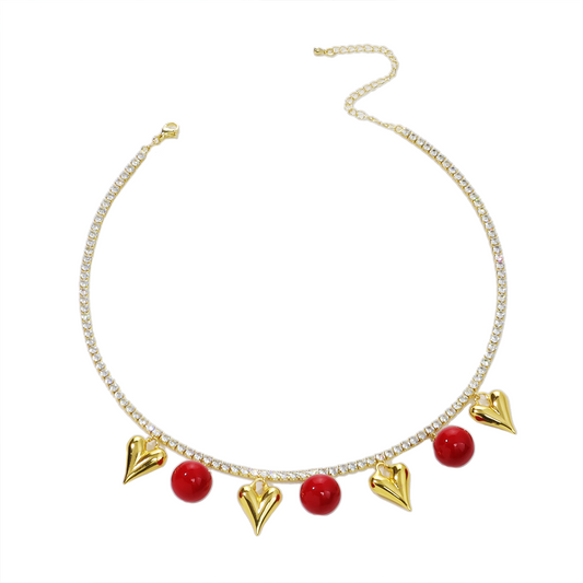 Gold Heart Red Bead Zircon Necklace