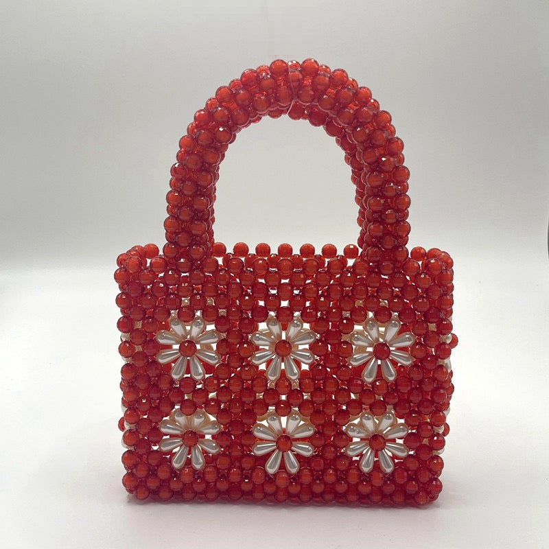 Bolso de mano con cuentas hecho a mano, bolso de mano con flores, color rojo