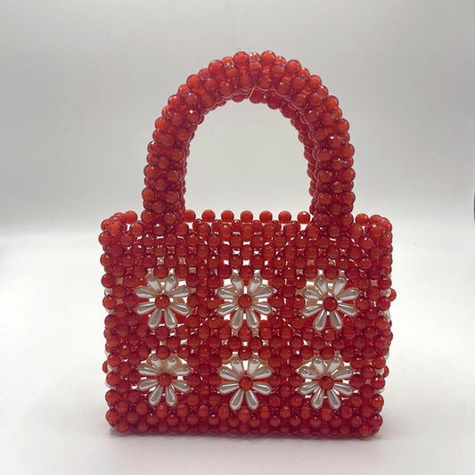 Bolso de mano con cuentas hecho a mano, bolso de mano con flores, color rojo