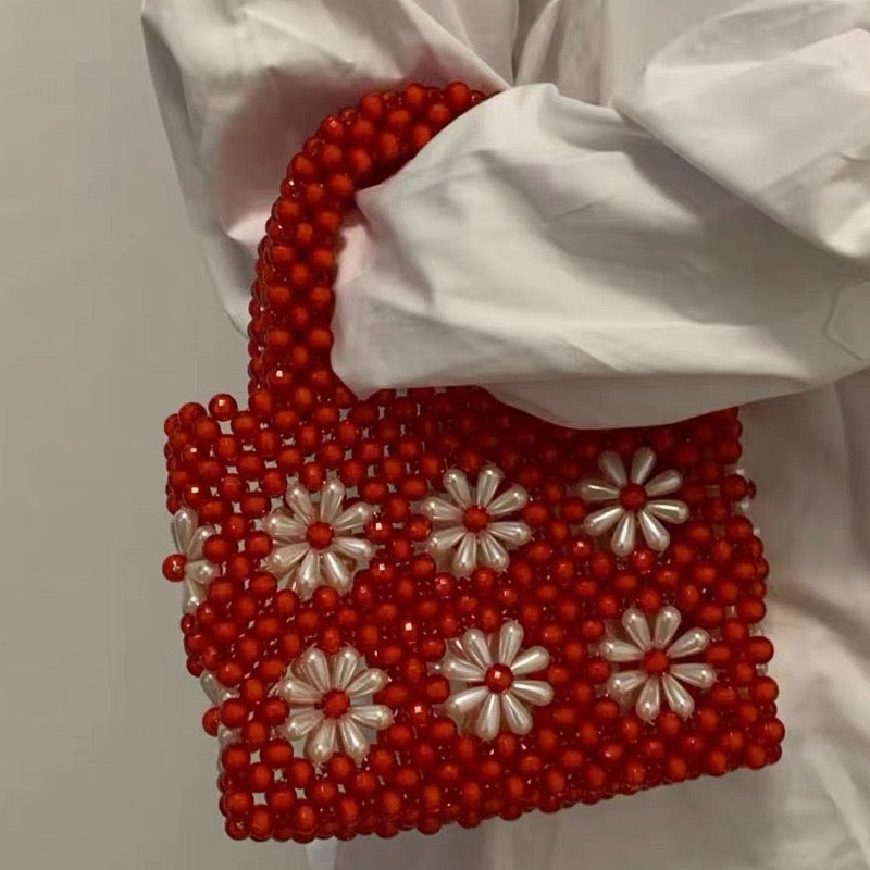 Bolso de mano con cuentas hecho a mano, bolso de mano con flores, color rojo