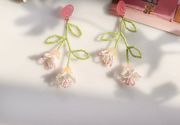 Handmade Flower Beads Sterling Silver Earrings