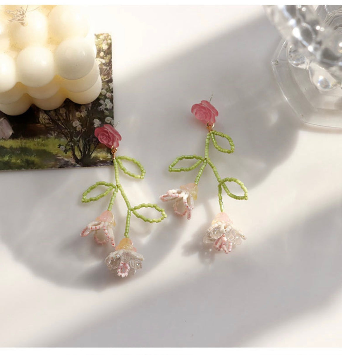 Handmade Flower Beads Sterling Silver Earrings