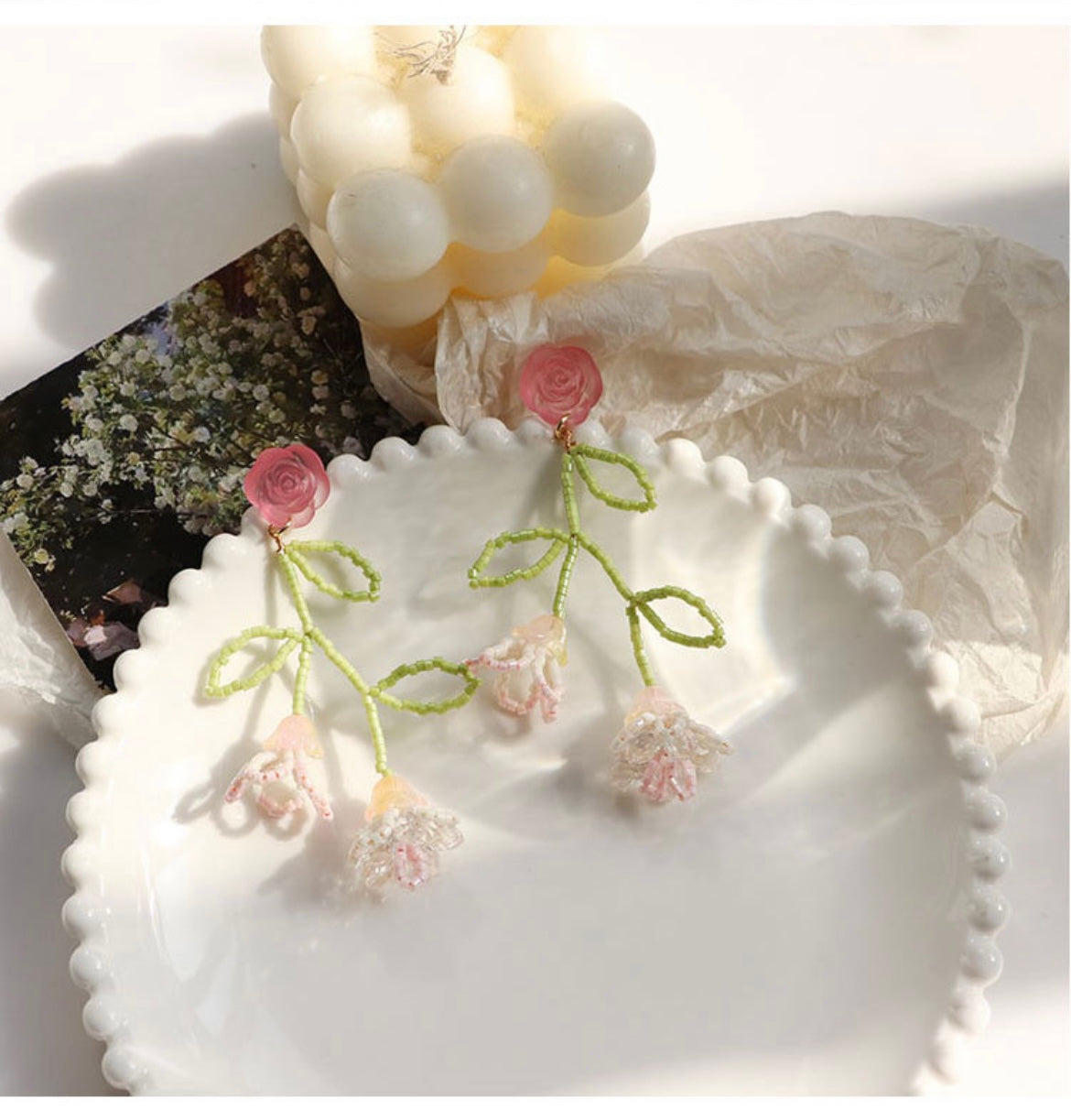 Handmade Flower Beads Sterling Silver Earrings