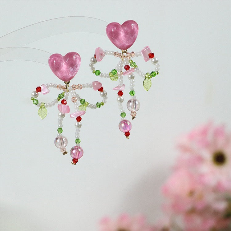 Pink Heart Beaded Earrings Colorful Butterfly Bow  Sterling Silver