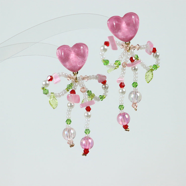 Pink Heart Beaded Earrings Colorful Butterfly Bow  Sterling Silver