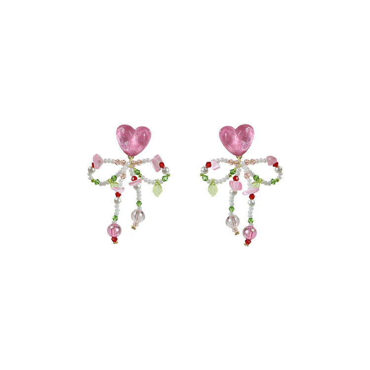 Pink Heart Beaded Earrings Colorful Butterfly Bow  Sterling Silver