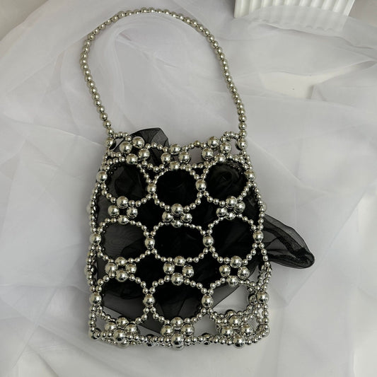 Bolso de mano con perlas hecho a mano, bolso de mano con perlas, color negro