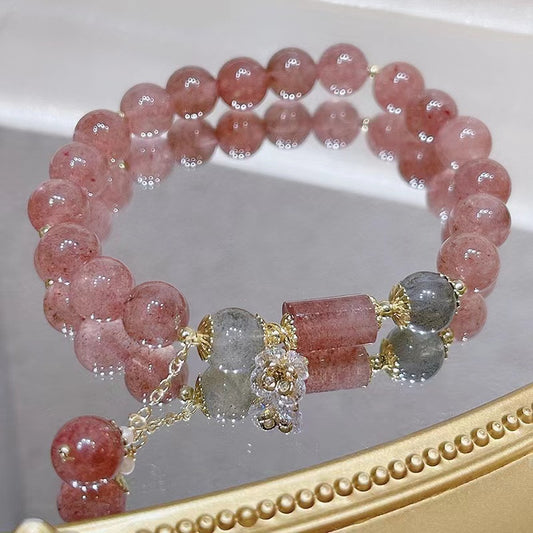 Delicada pulsera de cristal de fresa natural Pulsera de cuentas de la amistad con curación de la suerte