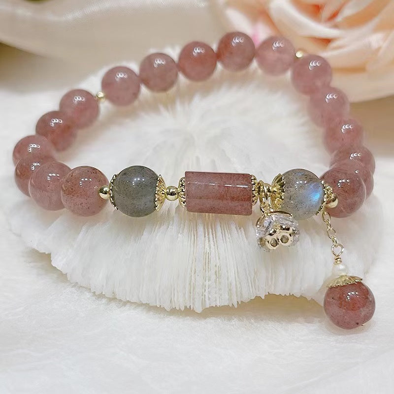 Delicada pulsera de cristal de fresa natural Pulsera de cuentas de la amistad con curación de la suerte