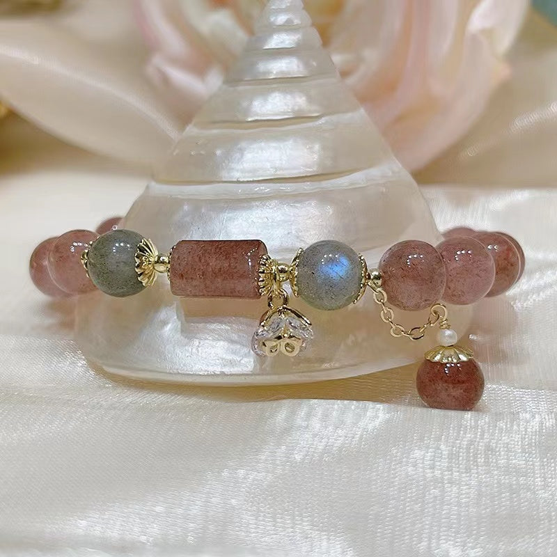Delicada pulsera de cristal de fresa natural Pulsera de cuentas de la amistad con curación de la suerte