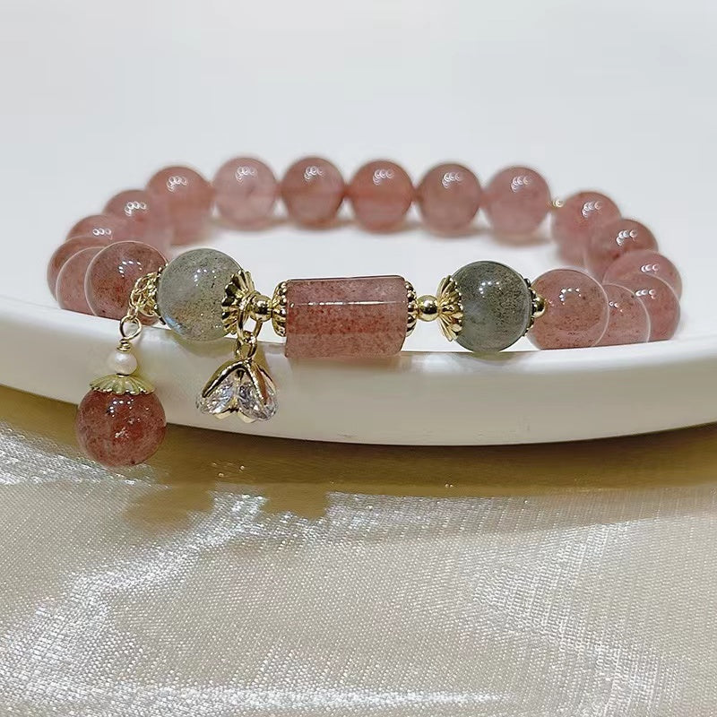 Delicada pulsera de cristal de fresa natural Pulsera de cuentas de la amistad con curación de la suerte