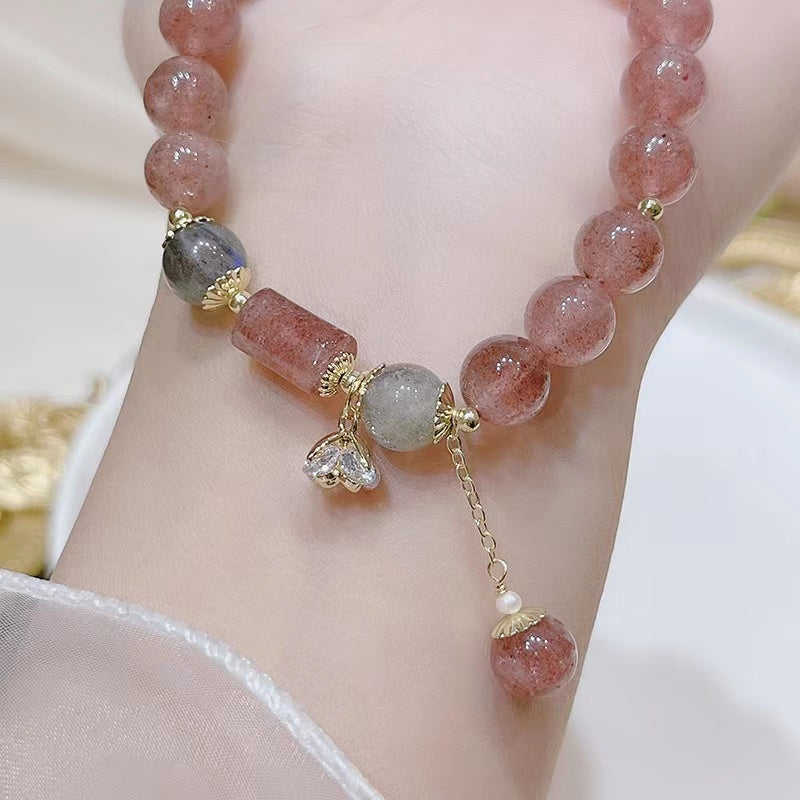 Delicada pulsera de cristal de fresa natural Pulsera de cuentas de la amistad con curación de la suerte