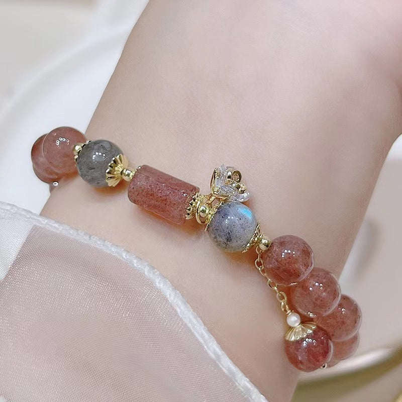 Delicada pulsera de cristal de fresa natural Pulsera de cuentas de la amistad con curación de la suerte