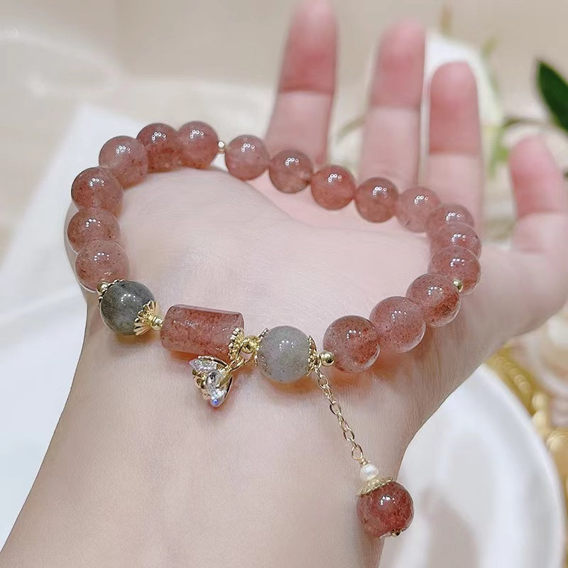 Delicada pulsera de cristal de fresa natural Pulsera de cuentas de la amistad con curación de la suerte