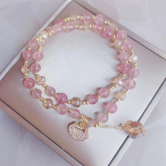 Pulsera de cuentas de cristal natural con dijes Pulsera delicada de la amistad rosa