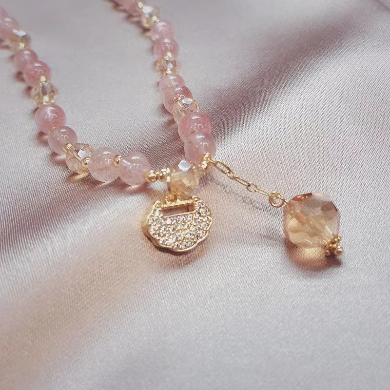 Pulsera de cuentas de cristal natural con dijes Pulsera delicada de la amistad rosa