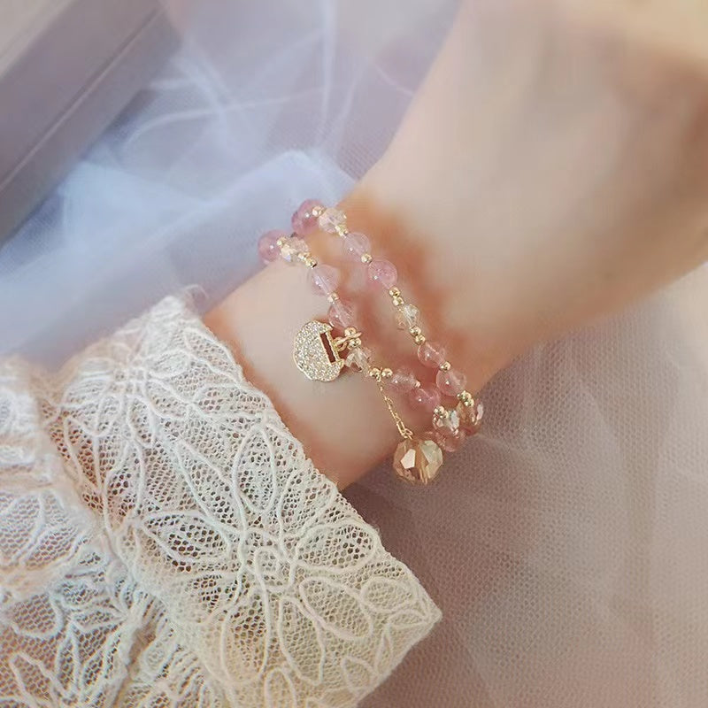 Pulsera de cuentas de cristal natural con dijes Pulsera delicada de la amistad rosa