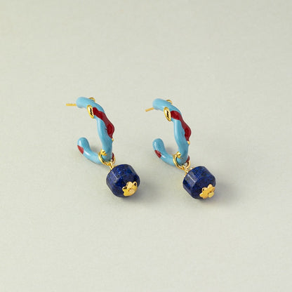 Natural Lapis Lazuli Earrings with Coral and Enamel Accents