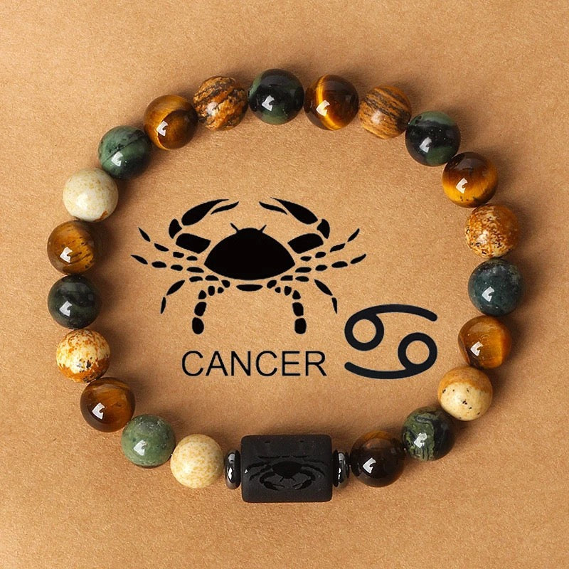 Natural Stone Beaded Bracelet with 12 Zodiac Tiger Eye Stones